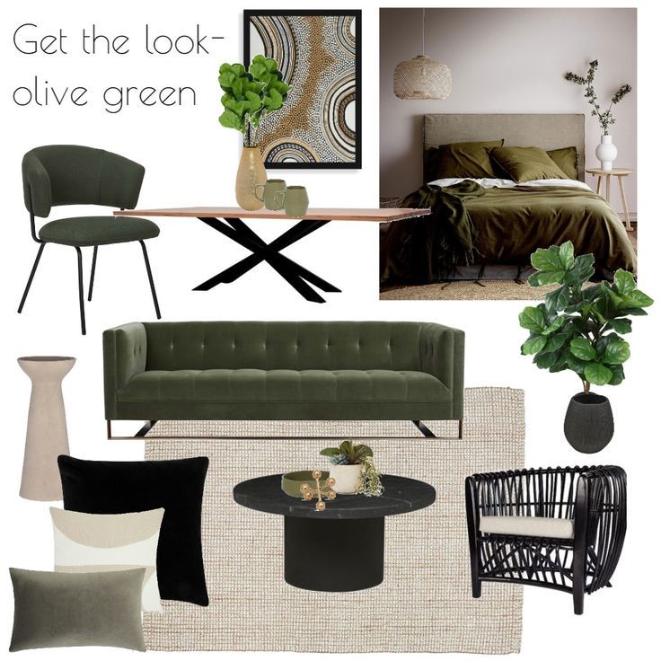 a living room with green furniture and accessories