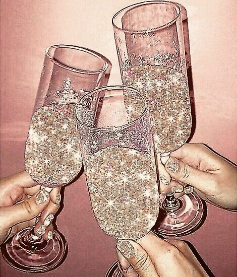 three people holding up wine glasses filled with liquid and sparkles on pink wall background