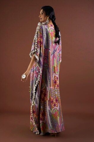 Multi colored longline kaftan in crepe base with African prints, embroidered highlights and thread tassel details. - Aza Fashions Summer Multicolor Tassel Sets, Bohemian Maxi Length Kurta With Dupatta, Traditional Kaftan With Tassels, Festive Multicolor Kurta With Tassels, Bohemian Maxi Kurta With Dupatta, Traditional Multicolor Kurta With Tassels, Multicolor Kurta With Tassels For Festivals, Multicolor Resham Embroidered Kaftan With Traditional Drape, Multicolor Kaftan With Resham Embroidery