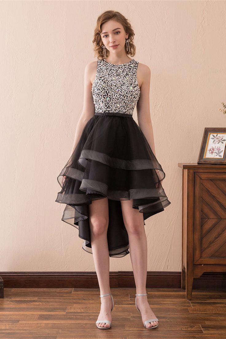 High Low Black Prom Dress With Sparkly Bodice For Teens Black Homecoming Dress, Black Prom Dress, Beaded Prom Dress, Black Prom, Short Homecoming Dress, Short Prom Dress, Black Tulle, Short Prom, Black Prom Dresses