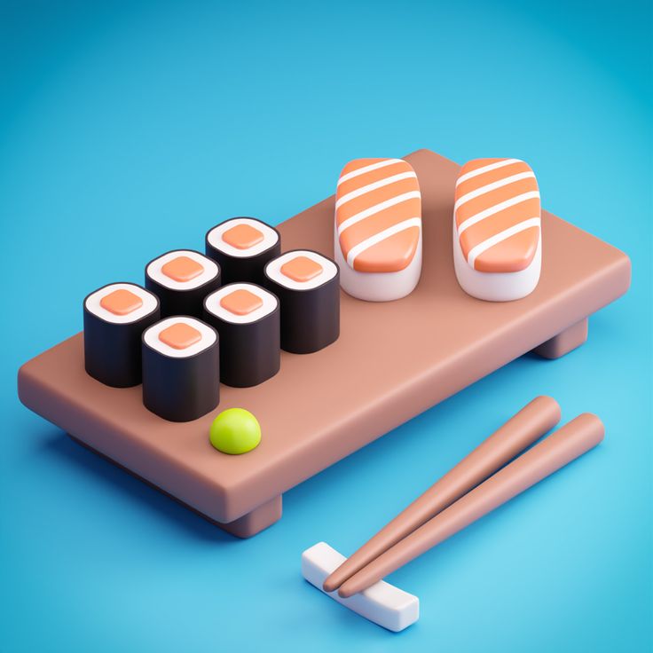 sushi and chopsticks sit on a tray