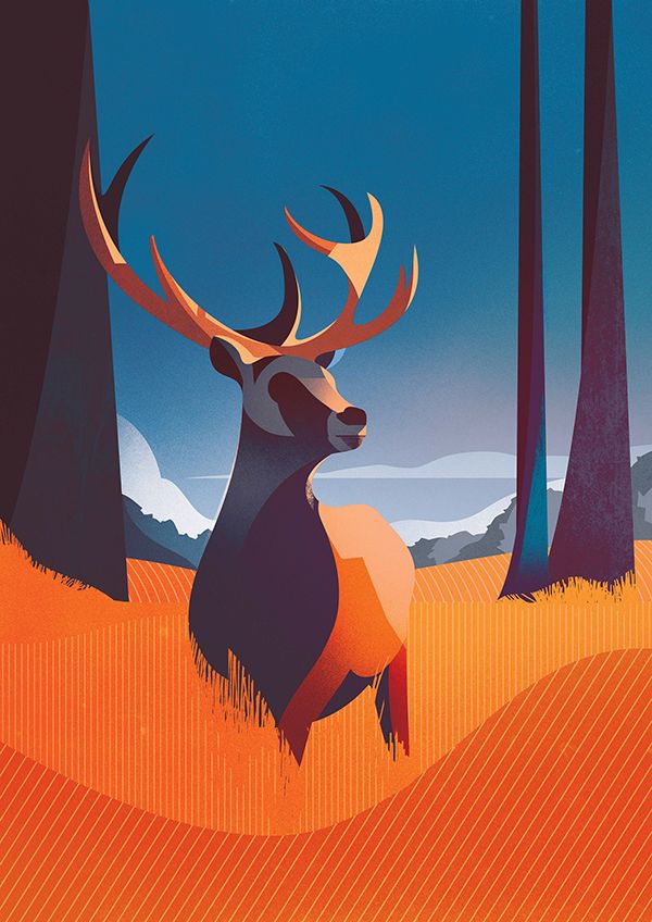 an illustration of a deer standing in the middle of a forest with trees and mountains behind it