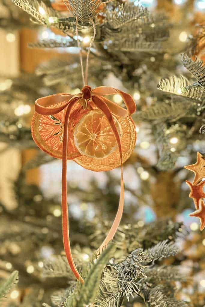 an ornament hanging from the top of a christmas tree decorated with orange slices