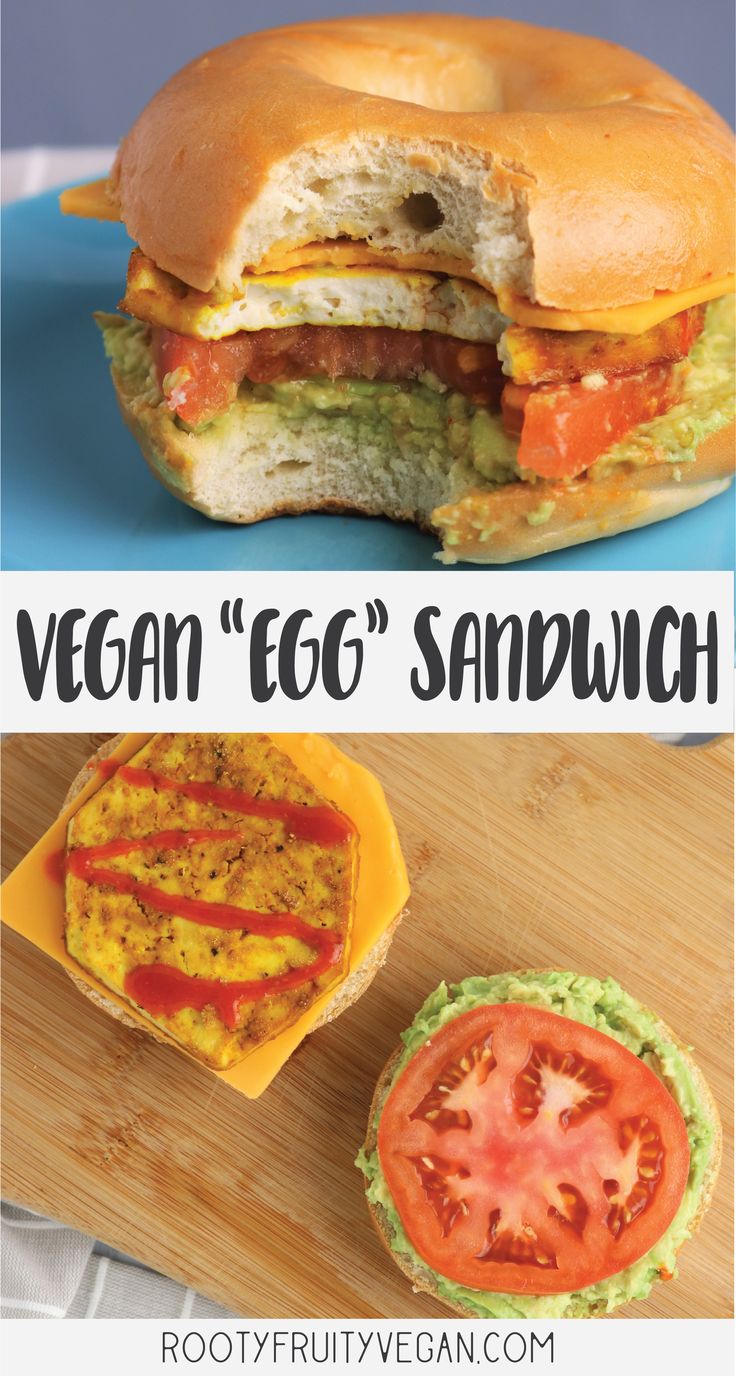 the vegan egg sandwich is cut in half and served on a plate with tomato slices