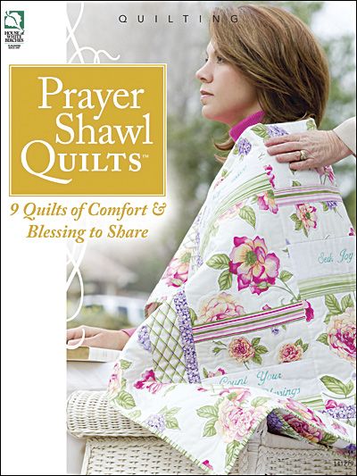 a woman sitting on top of a white chair covered in a flowered blanket with the words prayer shaw quilts