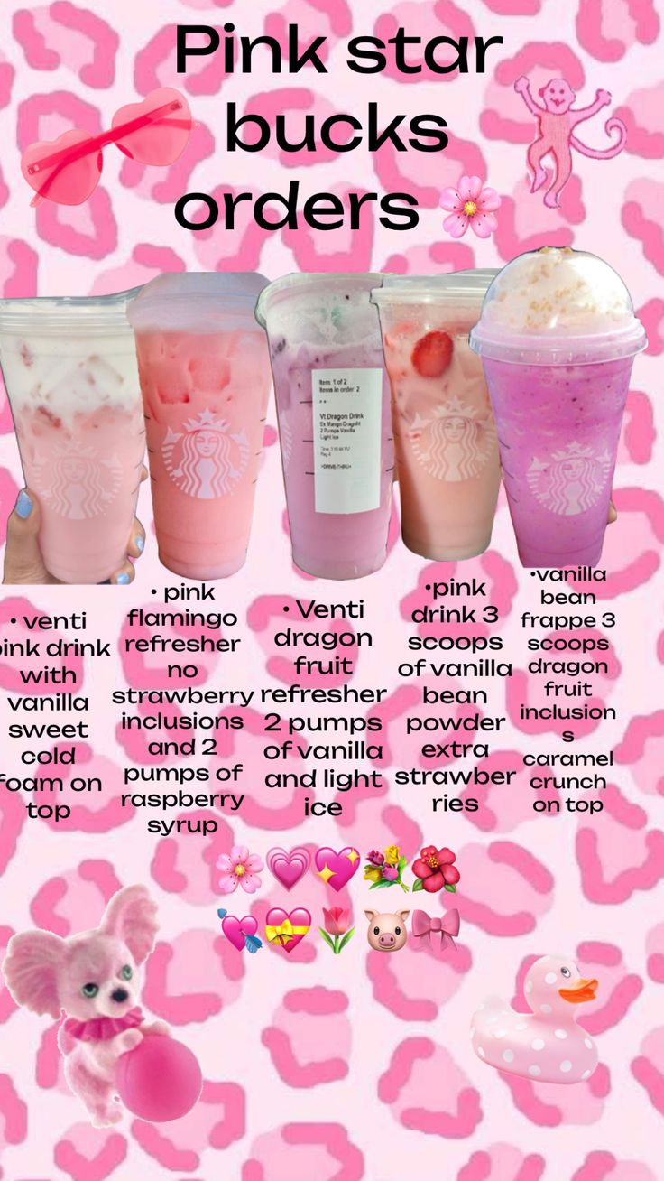 the pink star drinks order is displayed in front of an animal print background with hearts