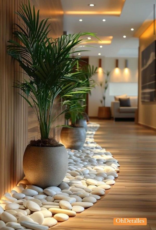 two large potted plants sitting on top of a wooden floor next to a wall