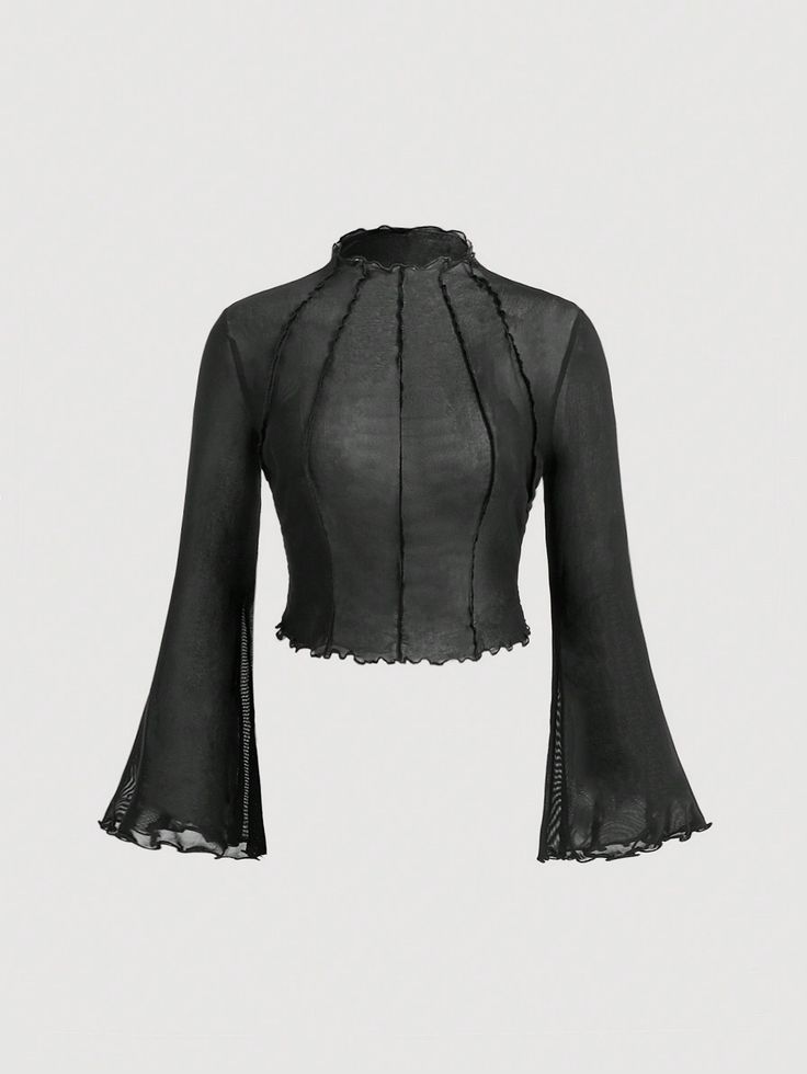 Negro Casual Collar manga larga Tela tejida Liso  Embellished Elástico Alto Outfits Fall Women, Bell Sleeves Blouse, Top Halloween Costumes, Mesh Shirt, Outfits Fall, Bell Sleeve Blouse, Blouse Black, Women Tops, Black Casual