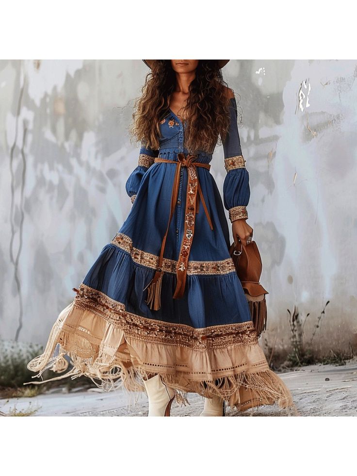 Women Elegant Dresses, Women's Gypsy Stitching Bohemian Dress Fall Bohemian Boho Dress For Vacation, Bohemian Fall Vacation Dresses, Fall Bohemian Boho Print Dress, Fall Bohemian Vacation Dresses, Fall Vacation Bohemian Dresses, Bohemian Festival Dresses With Ruffles, Bohemian Maxi Dress With Ruffles, Patchwork Beach Dresses For Fall, Patchwork Dress For Beach In Fall