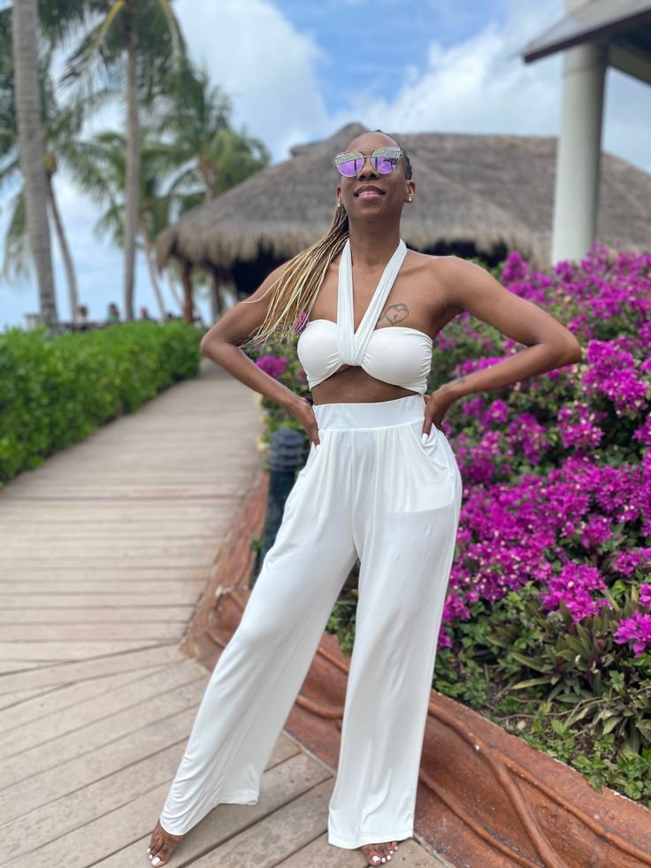 White Halter Neck Tube Top, Chic Two-piece Bottoms For Beach, Chic Two-piece Vacation Bottoms, White High Waist Crop Top For Day Out, Summer Beach Two-piece Pants Set, Chic Two-piece Bottoms For Vacation, White Halter Neck Tube Top For Summer, White Two-piece Beach Bottoms Set, White Two-piece Beach Bottoms