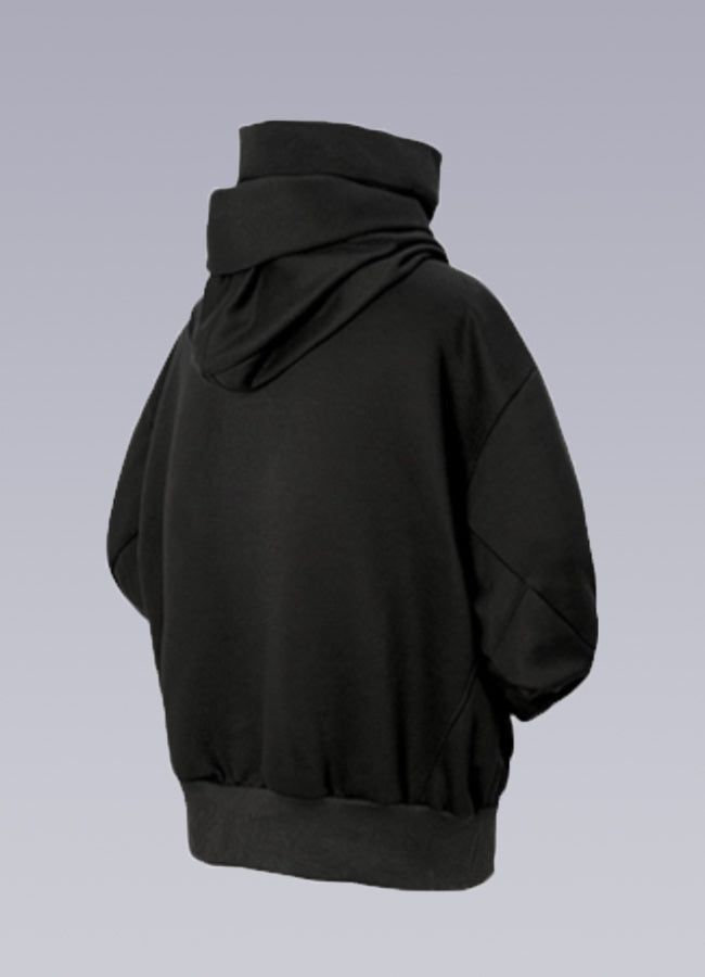 Embrace the urban samurai aesthetic with our innovative high-neck hoodie. Introducing the High Collar Hoodie – a distinct blend of contemporary aesthetics and function, elevating the modern urbanite's wardrobe. Envision yourself traversing the bustling streets of the metropolis, your silhouette defined by this remarkable piece, effortlessly aligning with the urban rhythm. This hoodie offers an artful integration of a neck gaiter and a cowl neck masterfully woven into a stunning entity. The high Functional Hooded Tops For Streetwear, Urban Sweatshirt With Funnel Neck And Ribbed Cuffs, Functional Hooded Streetwear Tops, Modern Winter Hooded Jacket For Streetwear, Athleisure Hoodie With Detachable Hood For Streetwear, Sports Techwear Hoodie With Detachable Hood, Modern Winter Streetwear Hooded Jacket, Urban Hoodie With Funnel Neck For Streetwear, Modern Black Hoodie For Winter