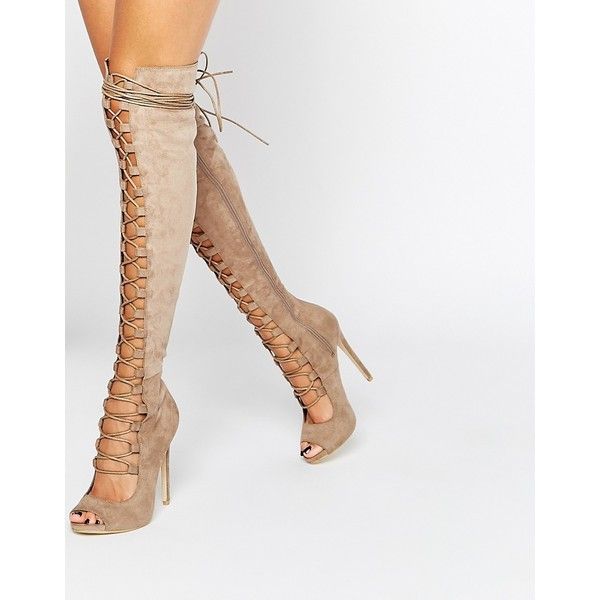 Daisy Street Taupe Lace Up Ghillie Over The Knee Boots ($38) ❤ liked on Polyvore featuring shoes, boots, heels, beige, lace up heel boots, lace up high heel boots, thigh high boots, over the knee stiletto boots and thigh high heel boots Ladies Long Boots, Long Black Boots, Lace High Heels, Thigh High Heels, Knee High Heels, Lace Up High Heels, Spring Boots, Thigh High Boots Heels, High Heel Boots Knee