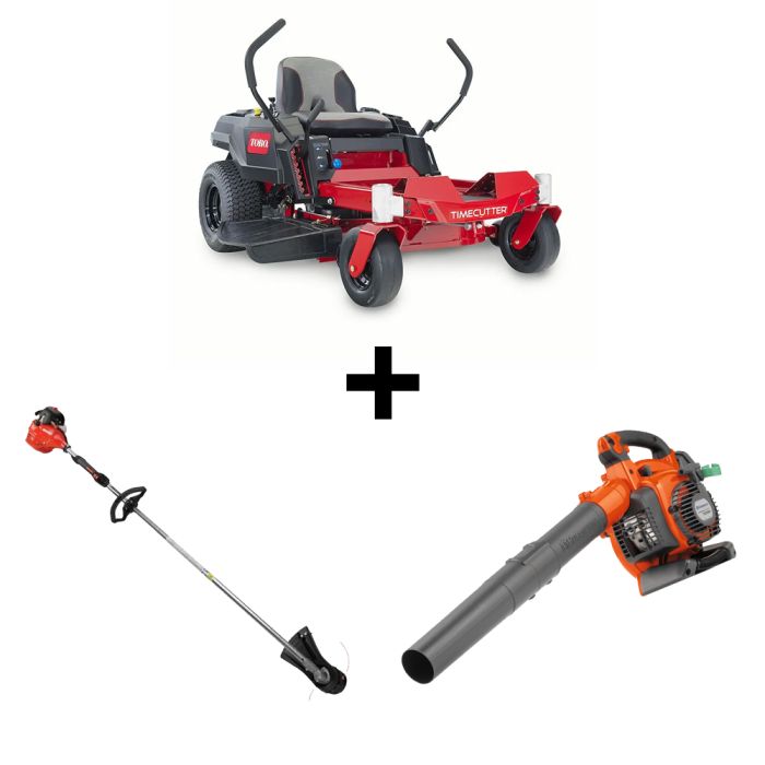 two lawn mowers and a hedger are shown in three different images, one is