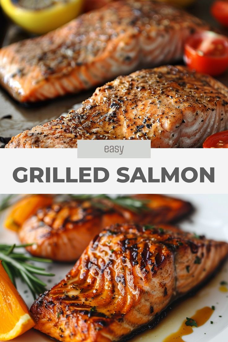 grilled salmon on a plate with lemons and tomatoes