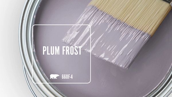 a paint can with a brush in it and the words plum frost painted on it