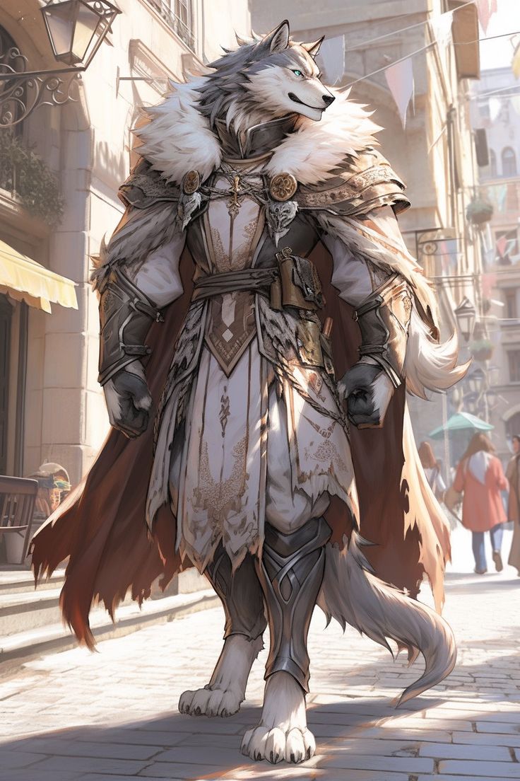 a wolf in armor is walking down the street