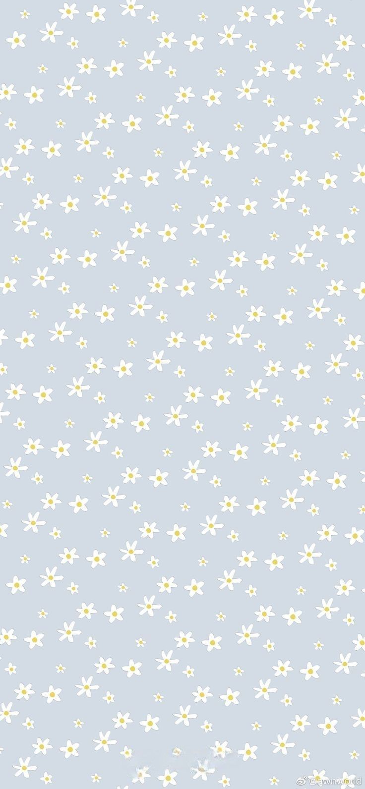 a blue and white wallpaper with small yellow flowers on the left side of it