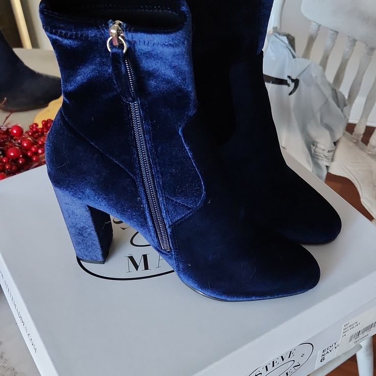 Questions? Leave A Comment Below! Nwt Steve Madden Sapphire Rhinestone Boots, Blue Round Toe Booties For Fall, Blue Block Heel Boots For Winter, Blue Winter Boots With Block Heel, Blue Almond Toe Boots For Fall, Blue Winter Boots Medium Width, Winter Blue Boots Medium Width, Blue Velvet Boots, Camo Boots