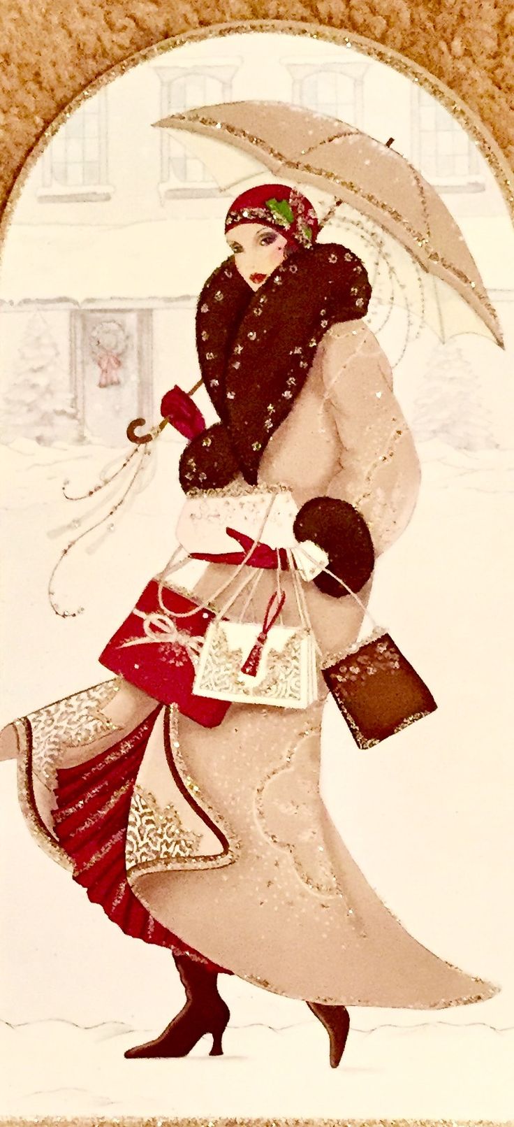 a painting of a woman walking in the snow with an umbrella and shopping bags on her shoulder