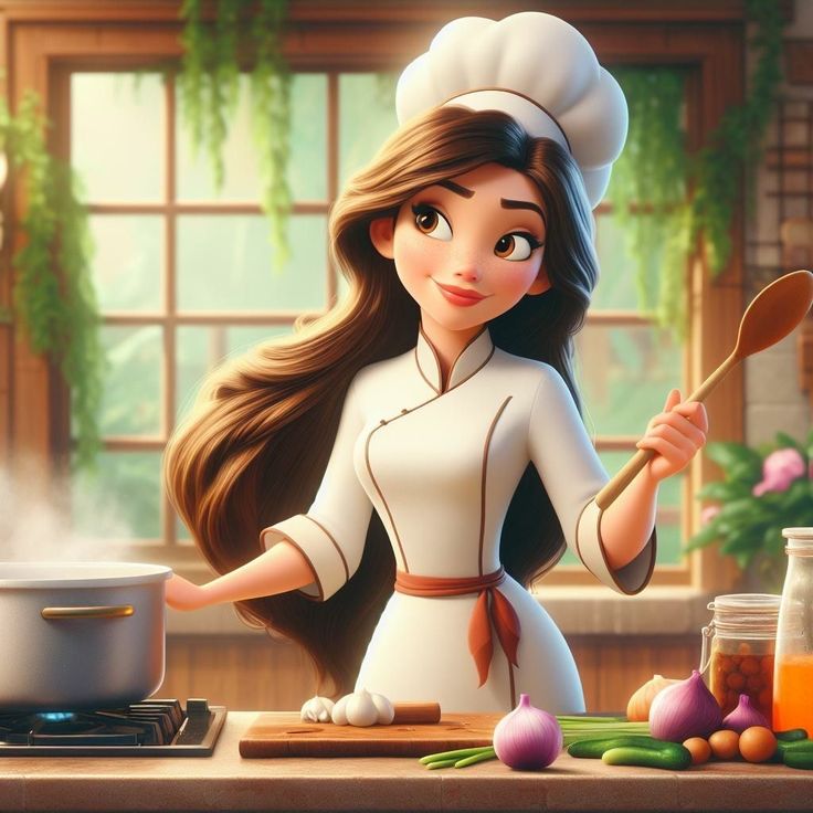 a cartoon girl cooking in the kitchen with vegetables and sauces on the counter next to her