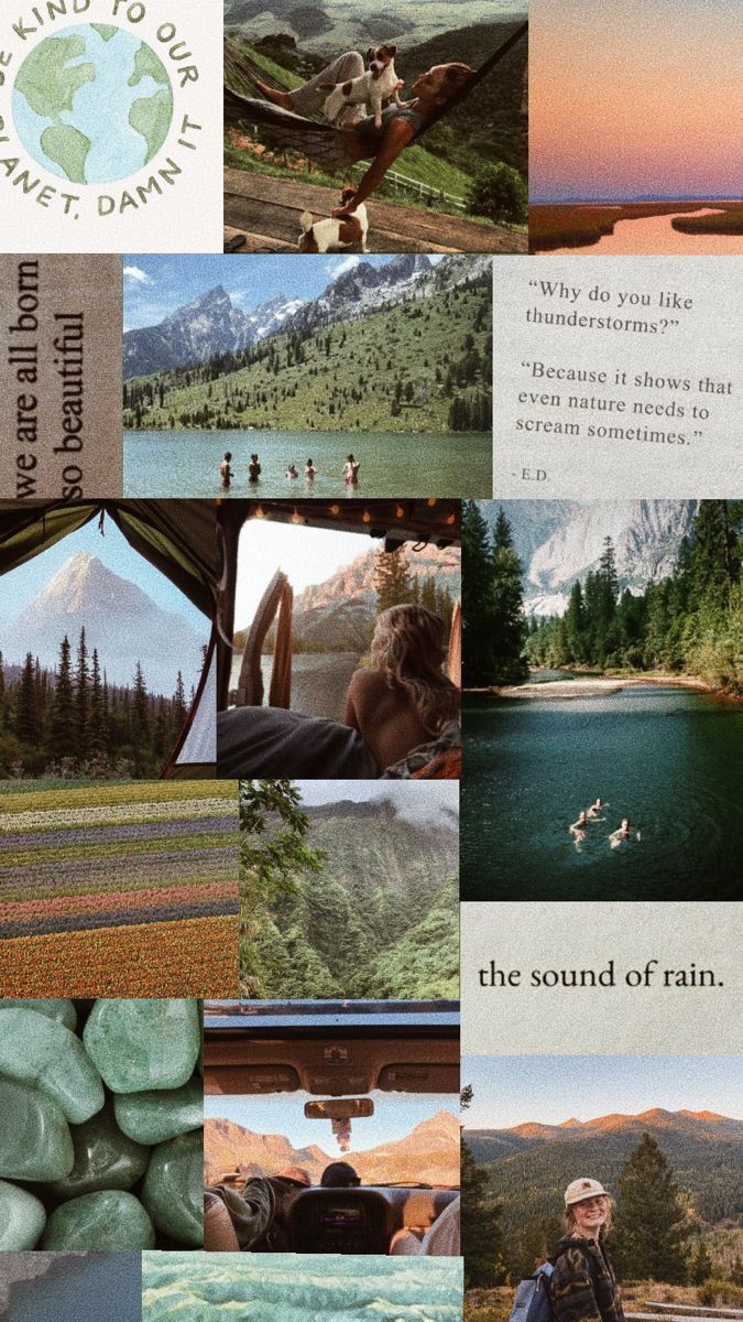 a collage of photos with people and mountains in the background, including trees, rocks, water, and grass