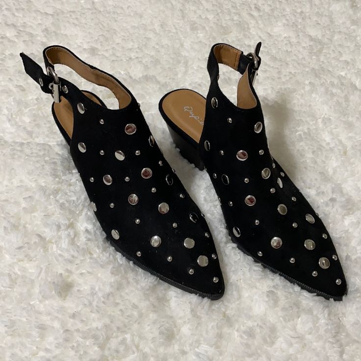 Black Qupid Studded Booties With Open Heel. Only Tried On Silver Pointed Toe Heels With Studs, Black Pointed Toe Heels With Silver Studs, Edgy Black Heels With Silver Studs, Leopard Print Booties, Leather Cowgirl Boots, Neutral Heels, Stylish Work Attire, Nike Tennis Dress, Qupid Shoes