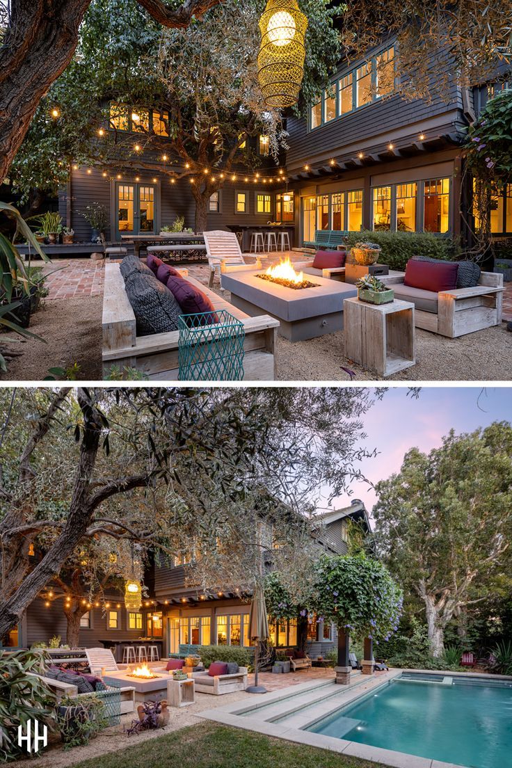 two pictures of a house with an outdoor fire pit in the middle and on the other side