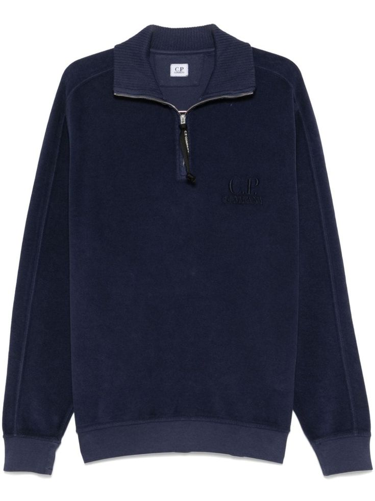 navy blue cotton knitted construction brushed effect fleece texture garment dyed stand-up collar long sleeves half front zip fastening embroidered logo at the chest ribbed cuffs and hem Aviator Watch, Half Zip Sweatshirt, C P Company, Balenciaga Triple S, Mens Fleece, Dress Watch, Fleece Sweatshirt, Derby Shoes, Sweaters Knitwear