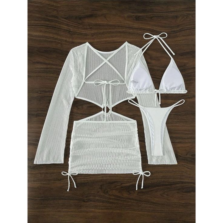 Features: Stay stylish while staying protected with our Long Sleeve Cover Up Halter Bikini. Made for female swimmers, this three-piece set provides both fashion and function. The halter design and long sleeves offer coverage from the sun, making it the perfect choice for a day at the beach or pool. Fitted Long Sleeve Beach Cover-up, Fitted Beach Sets With Triangle Top, White Stretch Swim Sets, Fitted White Set For Poolside, Long Sleeve Beachwear Cover-up For Pool, Long Sleeve Pool Cover-up For Beachwear, Long Sleeve Beachwear Cover-up, White Two-piece Beachwear Set, Fitted Long Sleeve Cover-up For Beach Season