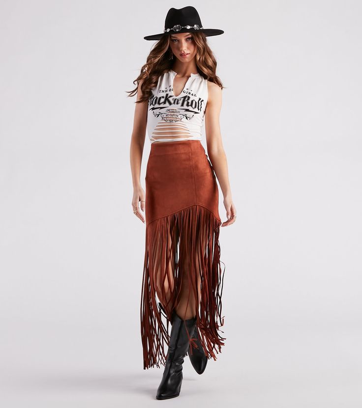 Channel your western side with this trendy-chic skirt that will level up your festival look! It features a high-rise waist, an asymmetric mini-length hem with a form-hugging fit, and long fringe detailing that cascades to your ankles. The stylish fringe design will dance with you to your favorite band! Complete your 'fit with a cropped graphic tee and cowboy boots.Fit & FeaturesHigh-rise waistBack zipper, hook and eye closureAsymmetric mini-length hemForm-hugging fitLong fringe design, ankle Fringe Outfits Western, Fringe Skirt Concert Outfit, Long Fringe Skirt Outfit, Western Fringe Skirt Outfit, Bohemian High Waist Skirt For Fall, Fitted Fringe Mini Skirt For Festival, Festival Fitted Fringe Mini Skirt, Brown Bottoms For Spring Festival, Chic Festival Bottoms For Fall