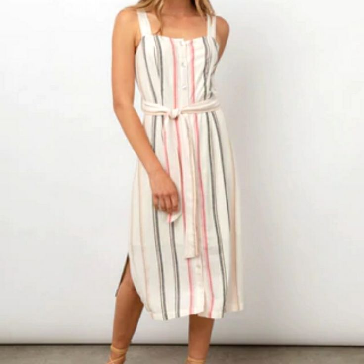 Nwt Size L Lined Buttons 2 Side Slits Tie Belt 70% Rayon/30% Linen Beautiful Summer Dress With Pink Stripes Beige Midi Dress With Side Slits, Beach Midi Dress With Side Slits, Vacation Midi Dress With Side Slits, Midi Dress With Side Slits For Vacation, Knee-length Midi Dress With Side Slits For Beach, Sleeveless Beige Maxi Dress With Side Slits, Beige Summer Dress With Side Slits, Sleeveless Midi Dress With Side Slits For Vacation, Beige Summer Dresses With Side Slits