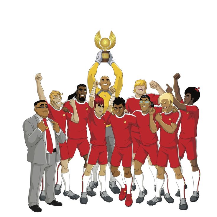 a group of men standing next to each other in front of a trophy