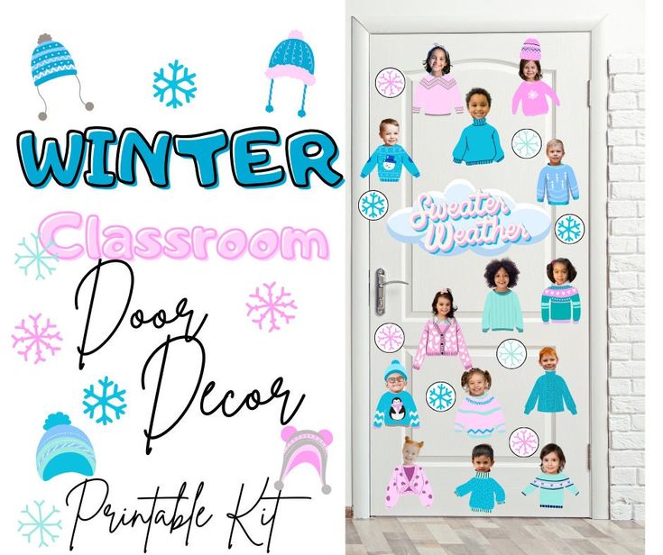 the door is decorated with snowflakes and stickers for winter classroom decorating