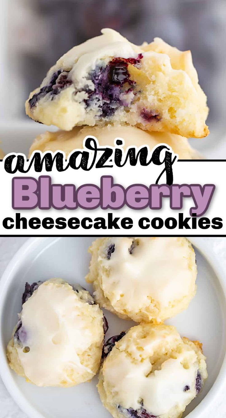 blueberry cheesecake cookies on a plate with the words amazing blueberry cheesecake cookies