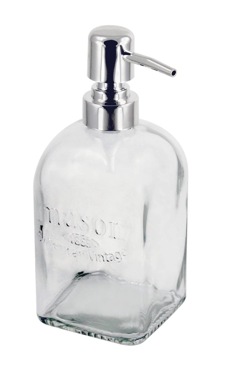 a clear glass soap dispenser with a metal faucet on the top