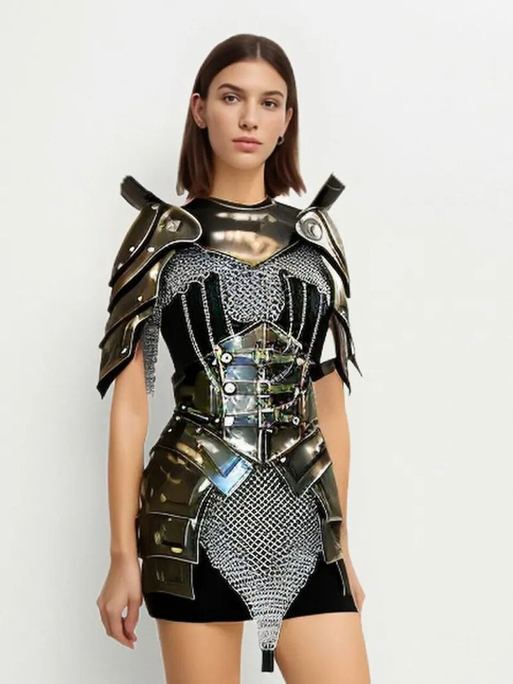 a woman is dressed in armor and posing for the camera