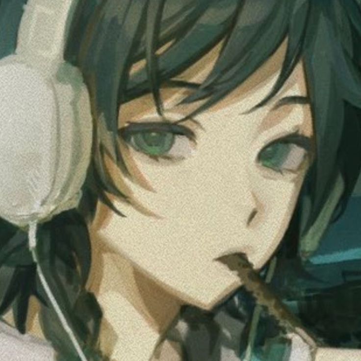 an anime character wearing headphones and looking at the camera, with green eyes in front of him