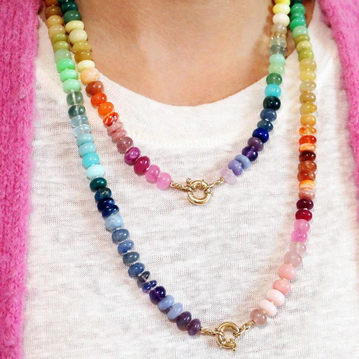 Classic Rainbow Gemstone Necklace Rainbow Gemstone Beaded Round Necklaces, Rainbow Gemstone Beads Round Necklace, Rainbow Gemstone Beads Necklace, Rainbow Rondelle Necklace For Gift, Rainbow Rondelle Necklace Gift, Rainbow Single Strand Round Necklace, Rainbow Round Single Strand Necklace, Rainbow Round Gemstone Beads Jewelry, Rainbow Colored Single Strand Round Jewelry