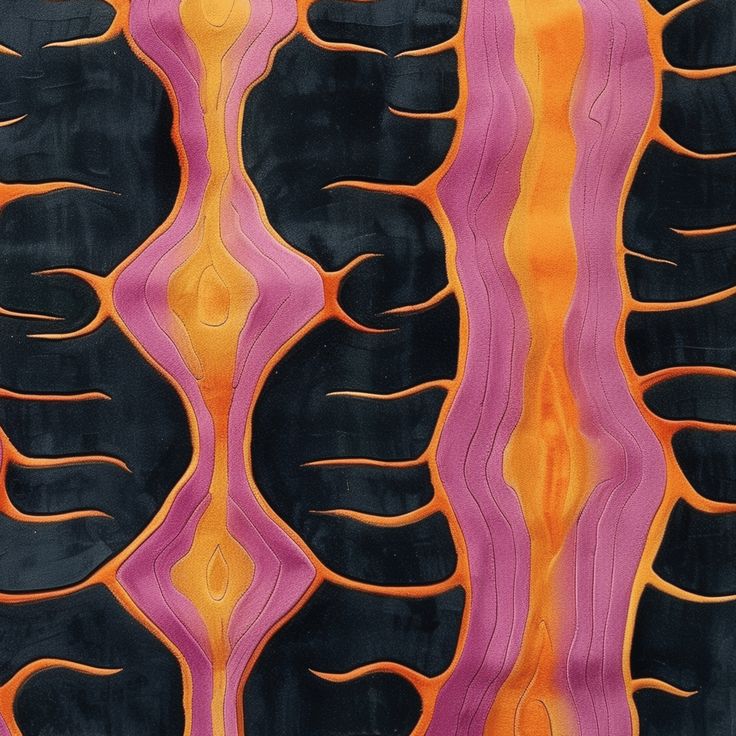 an abstract painting with orange, pink and black lines