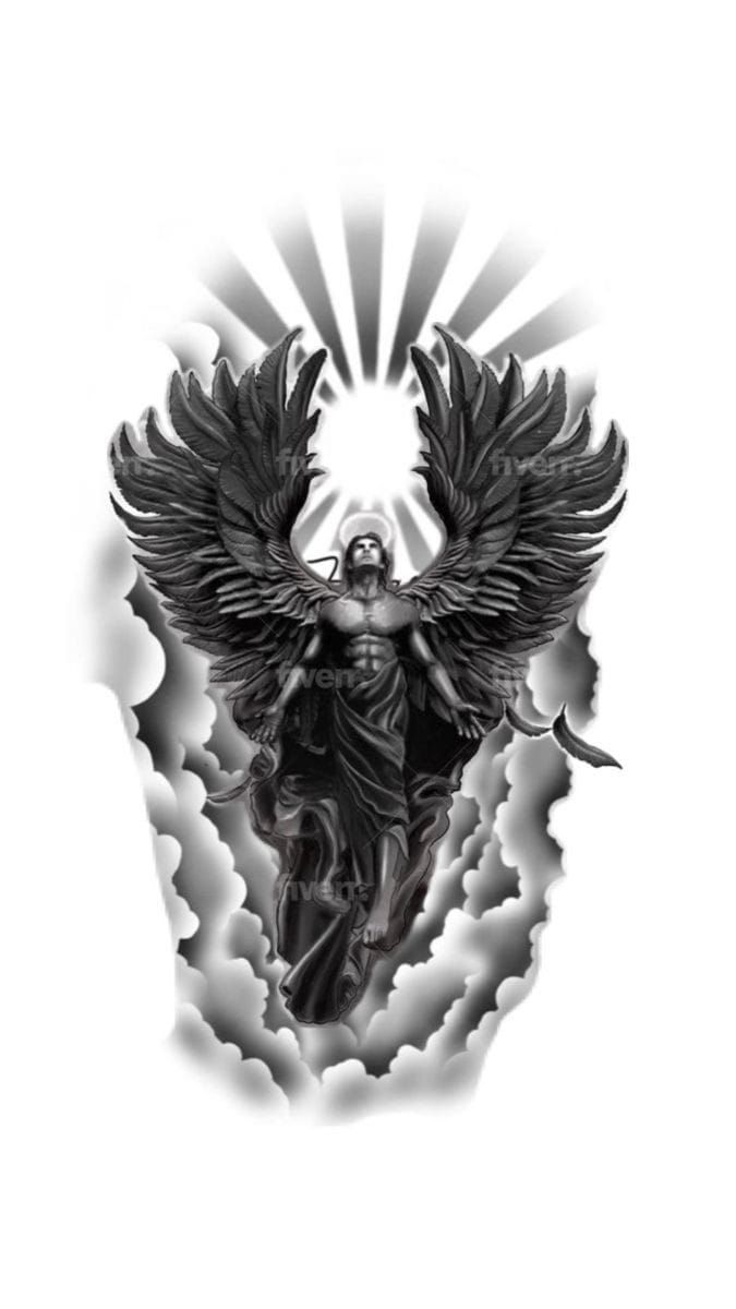 a black and white drawing of an angel with wings on it's back, surrounded by clouds