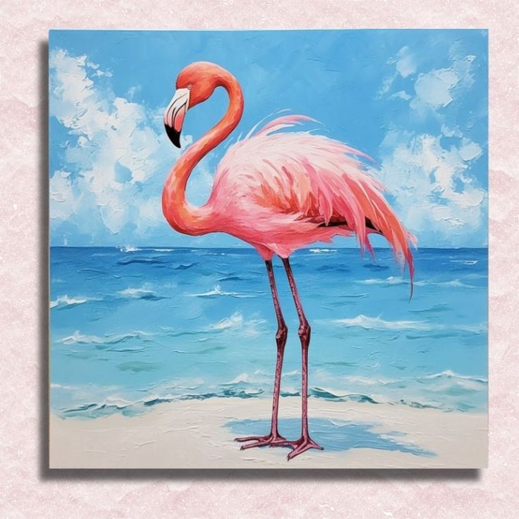 a painting of a pink flamingo on the beach