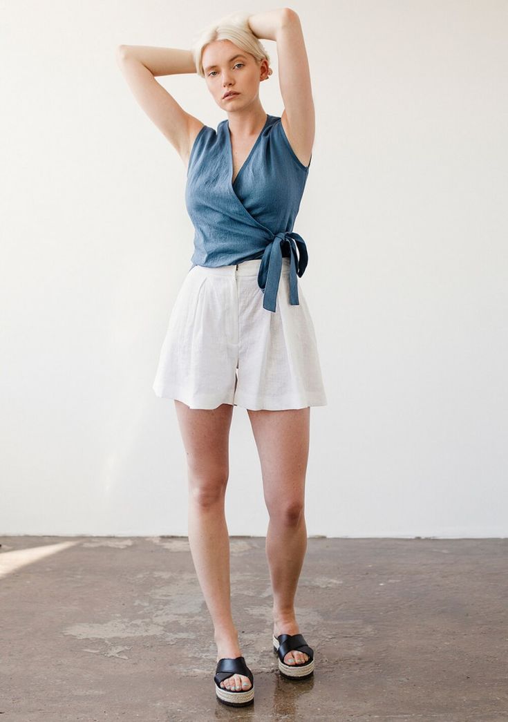 White Linen Shorts, Linen Wrap Top, Sleeveless Wrap Top, Linen Sleepwear, Linen Sleeveless Top, Shorts Linen, Linen Tops, Shorts Skirt, Linen Tank Top