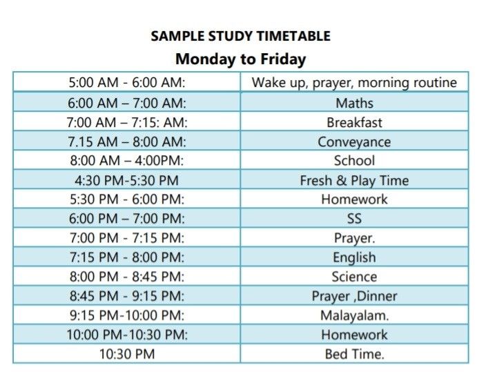 the timetable for monday to friday