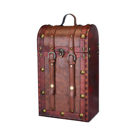 a brown leather trunk with brass hardwares and straps on the front, sitting against a white background