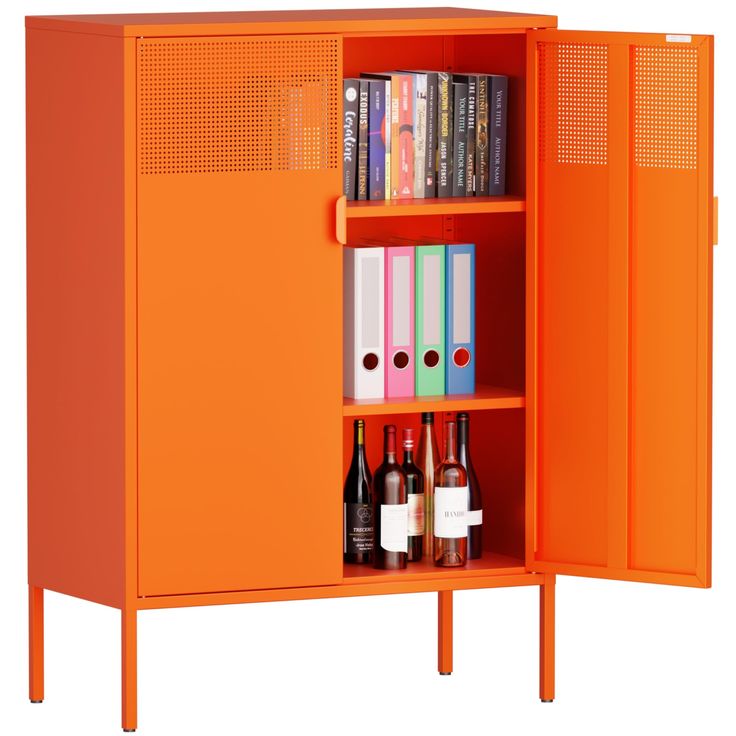 an orange cabinet with books and wine bottles on it's doors is shown in front of a white background