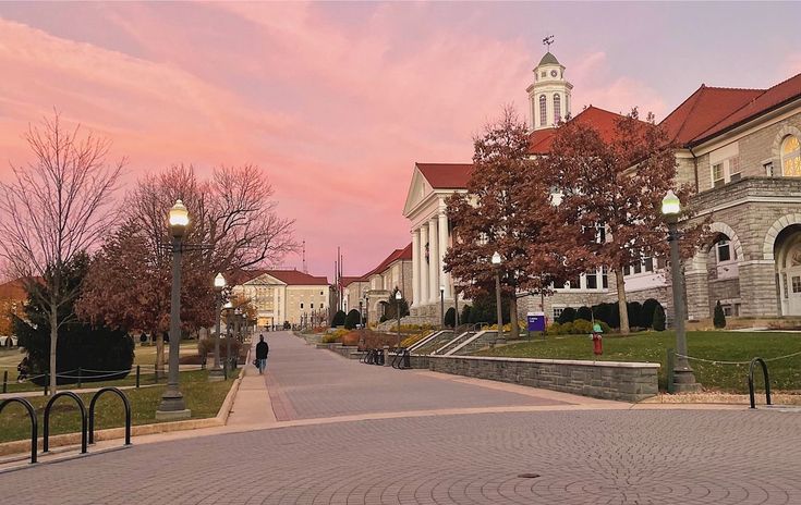 a person walking down the street in front of some buildings and trees at sunset or dawn