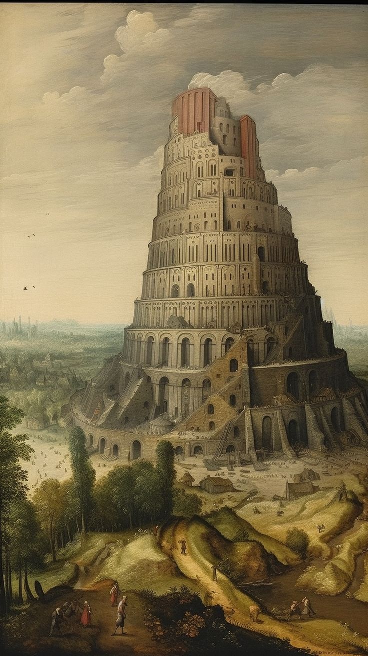 a painting of a large tower in the middle of a field with people walking around it