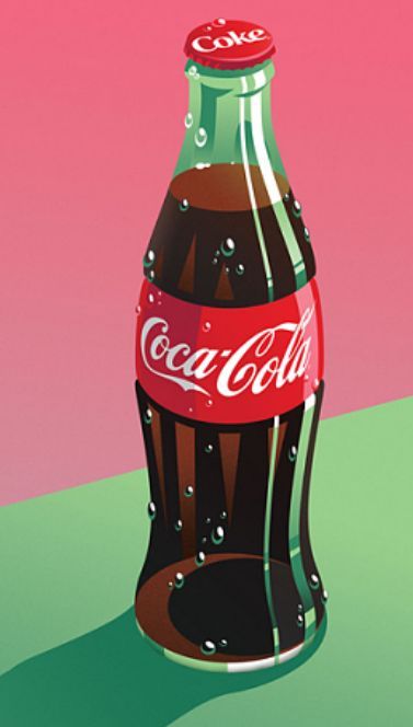 an illustration of a coca cola bottle with water droplets on the top and bottom half