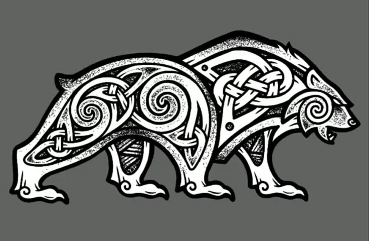 a bear with celtic patterns on it's body and tail, in the shape of a