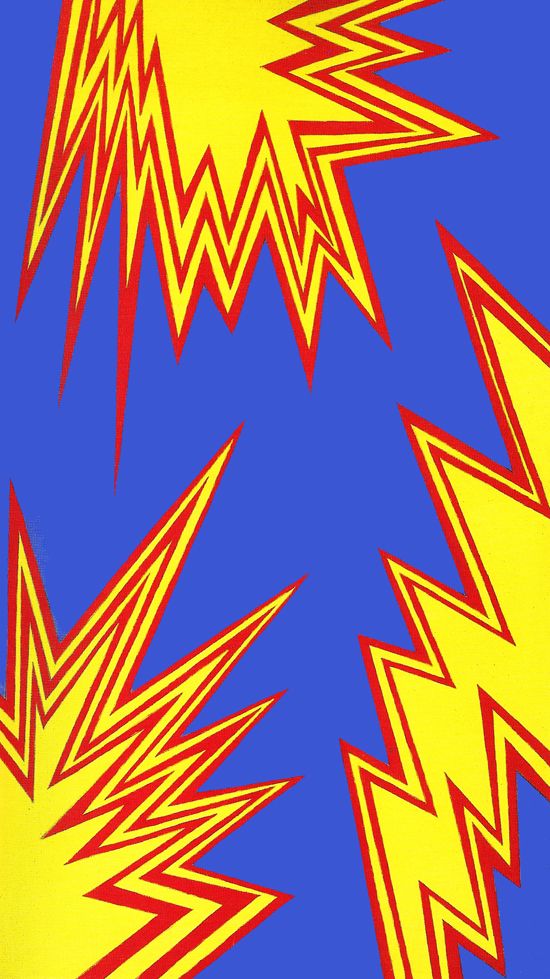 an abstract image of red and yellow lightnings against a blue background with space for text